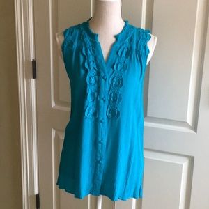 Turquoise Button Down - Sleeve Top with Lace